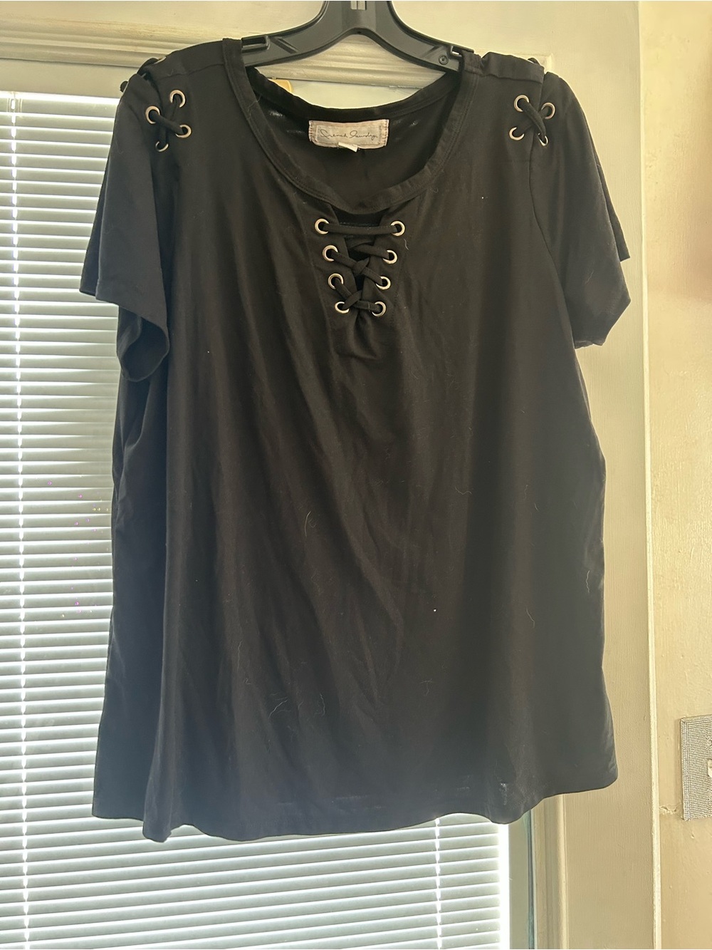 French Laundry Black Lace-Up Grommet Short Sleeve Top